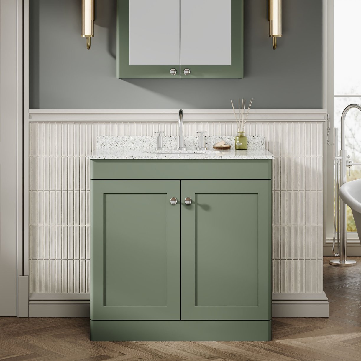800mm F/S 2-Door Unit & Marble Top 3TH - Satin Green