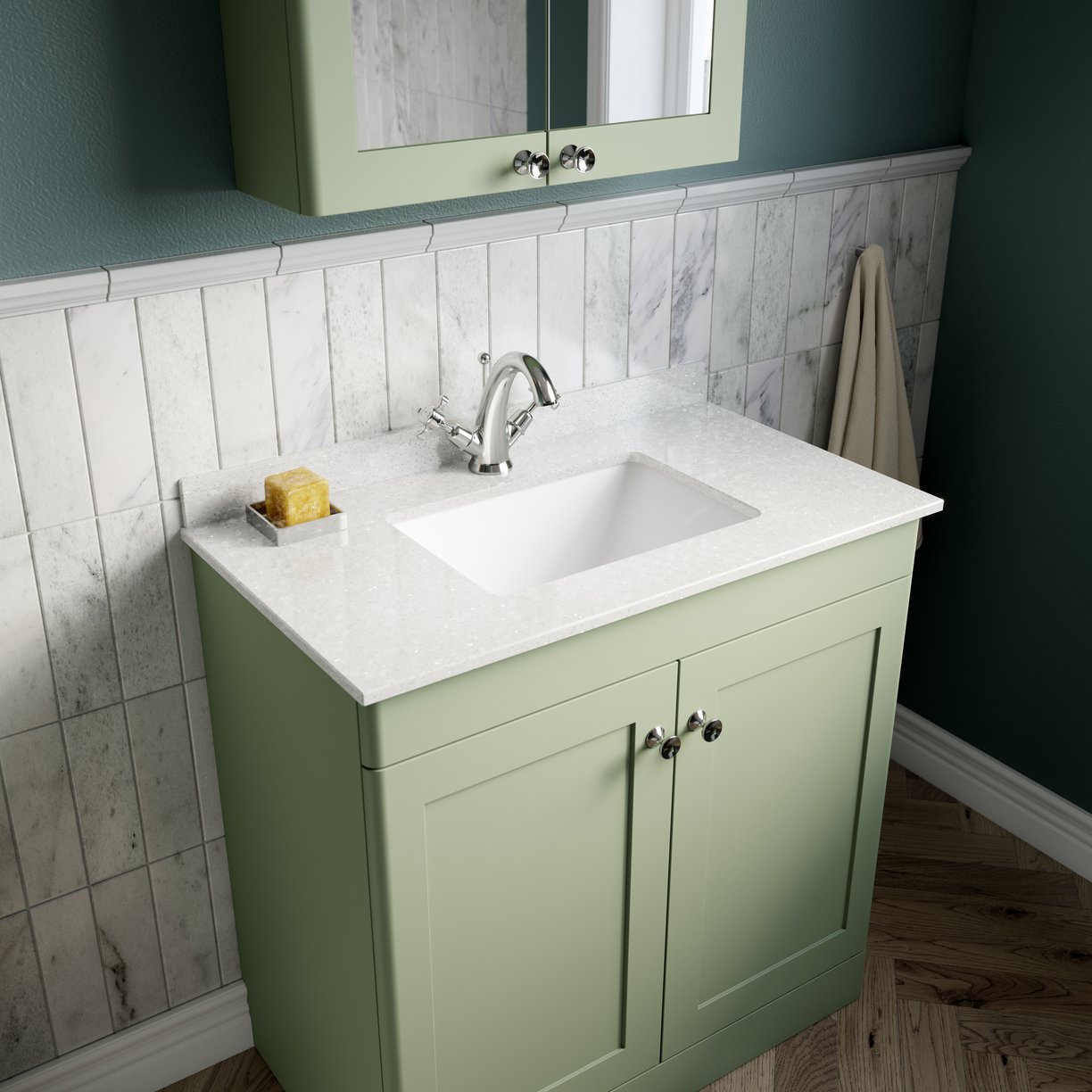 800mm F/S 2-Door Unit & Marble Top 1TH - Satin Green