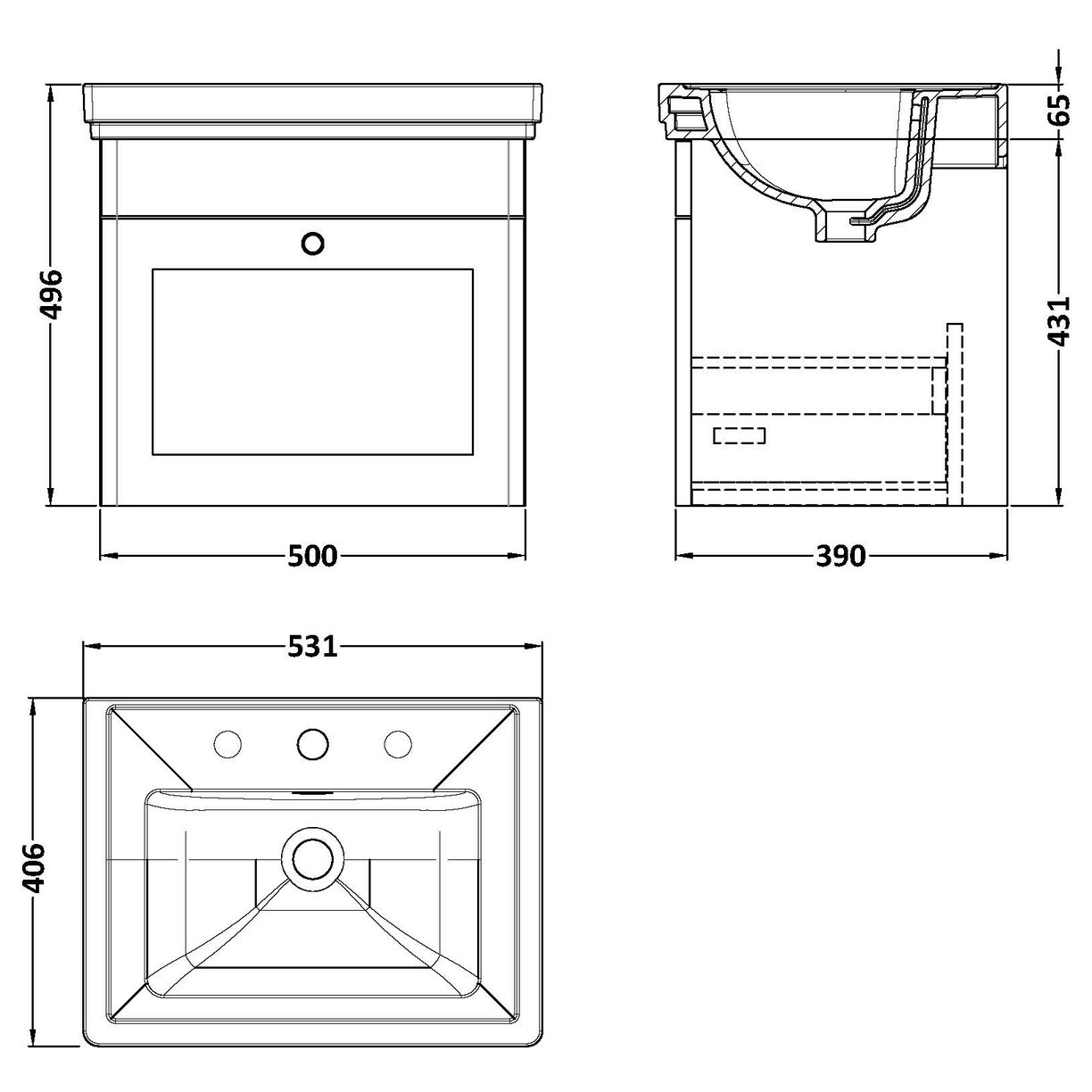 500 W/H 1-Drawer Unit & Basin 3TH