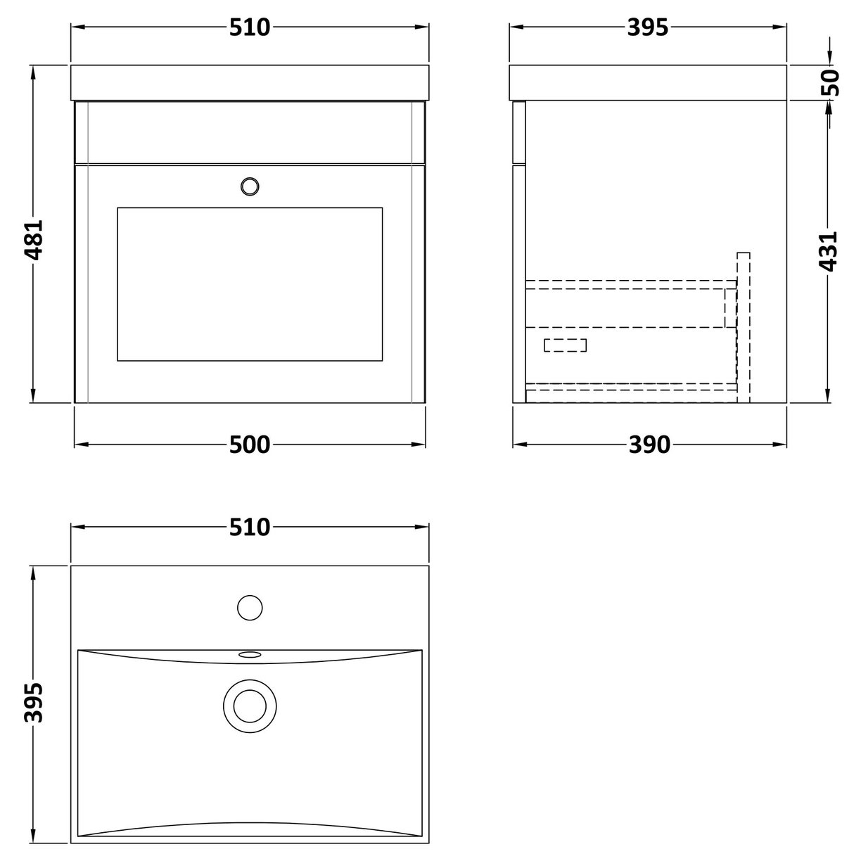 500mm W/H 1-Drawer Unit & Mid-Edged Basin - Satin Green