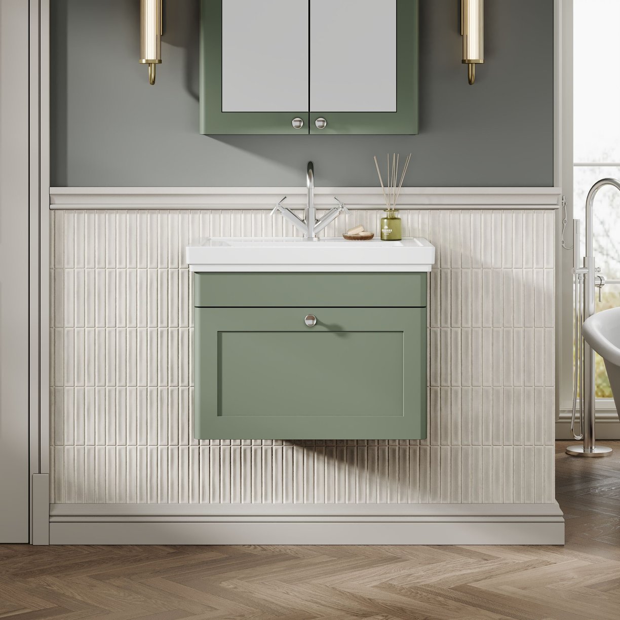 600mm W/H 1-Drawer Unit & Basin 1TH - Satin Green