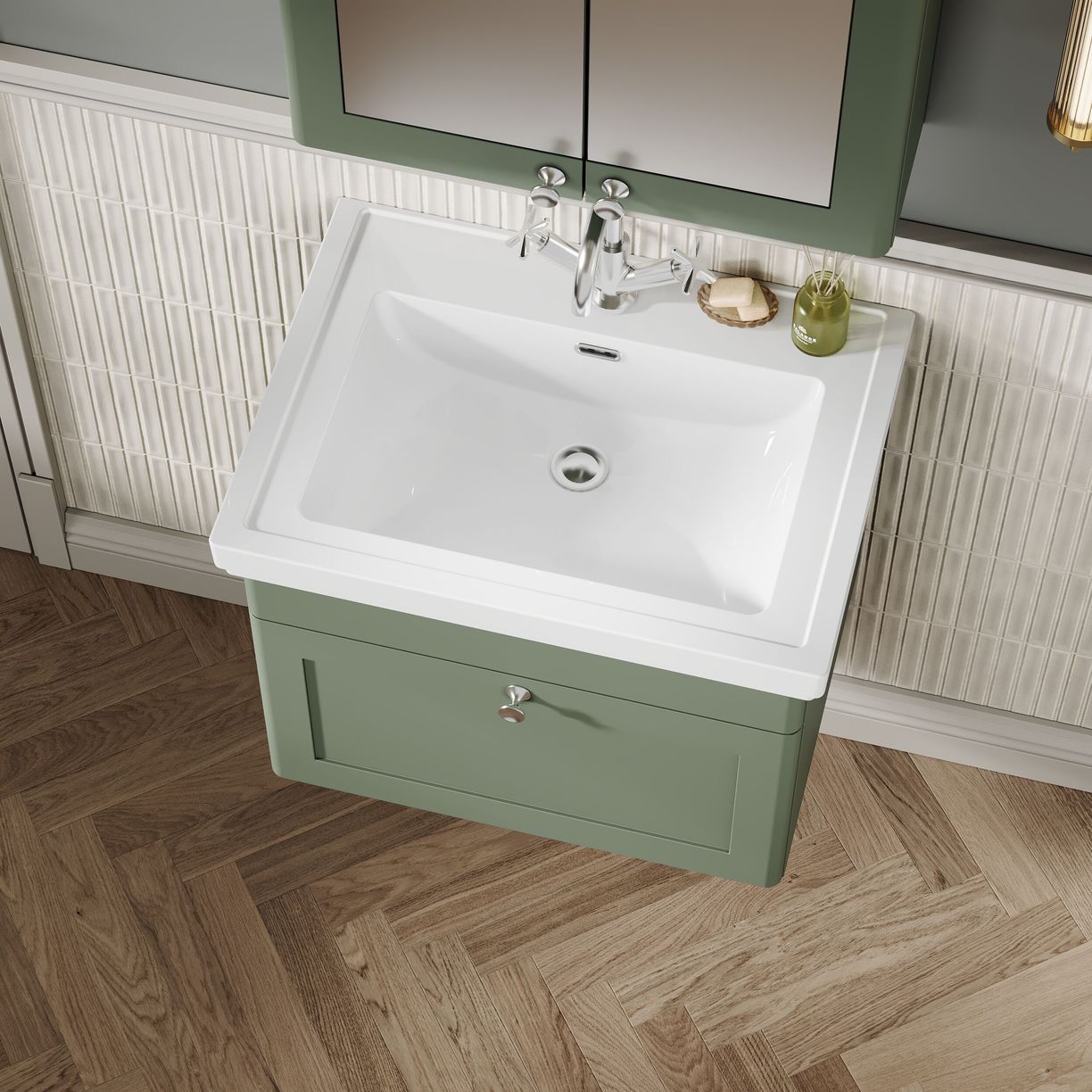 600mm W/H 1-Drawer Unit & Basin 1TH - Satin Green