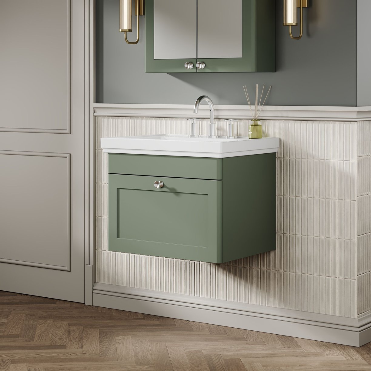 600mm W/H 1-Drawer Unit & Basin 3TH - Satin Green