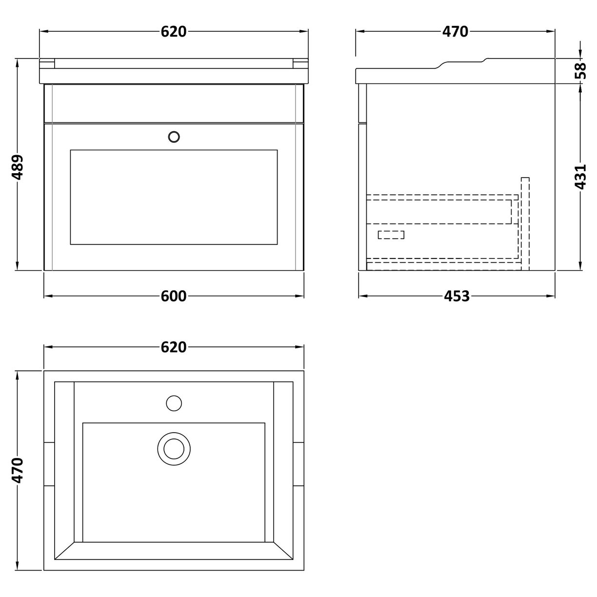 600 W/H 1-Drawer Unit & Basin 3TH