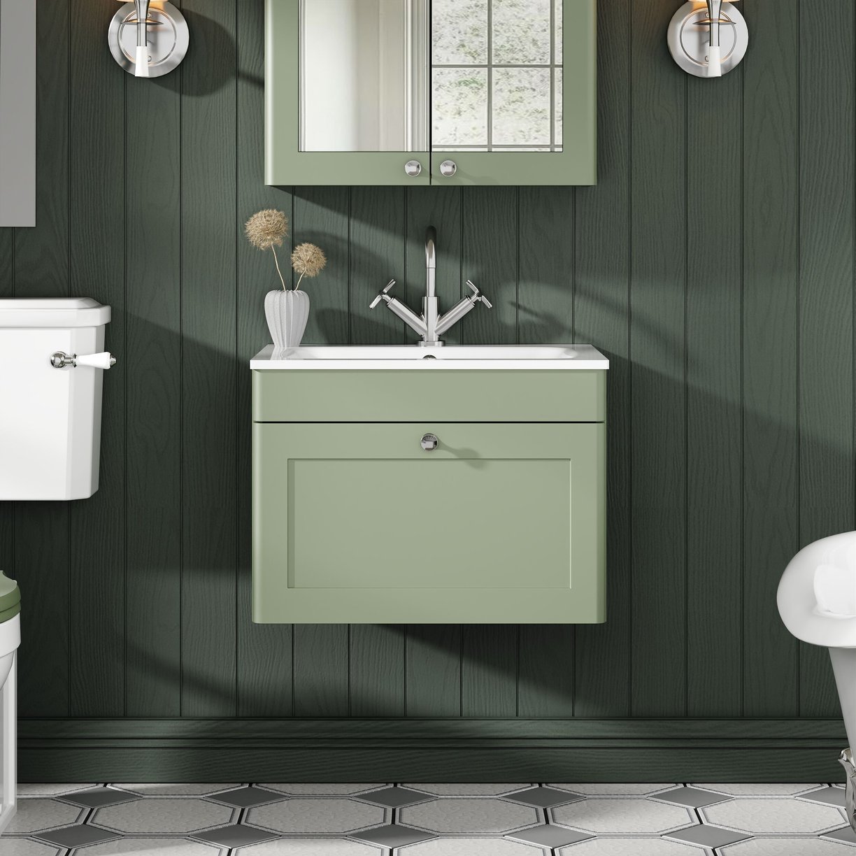 600mm Wall Hung 1-Drawer Unit & Stone Basin 1TH