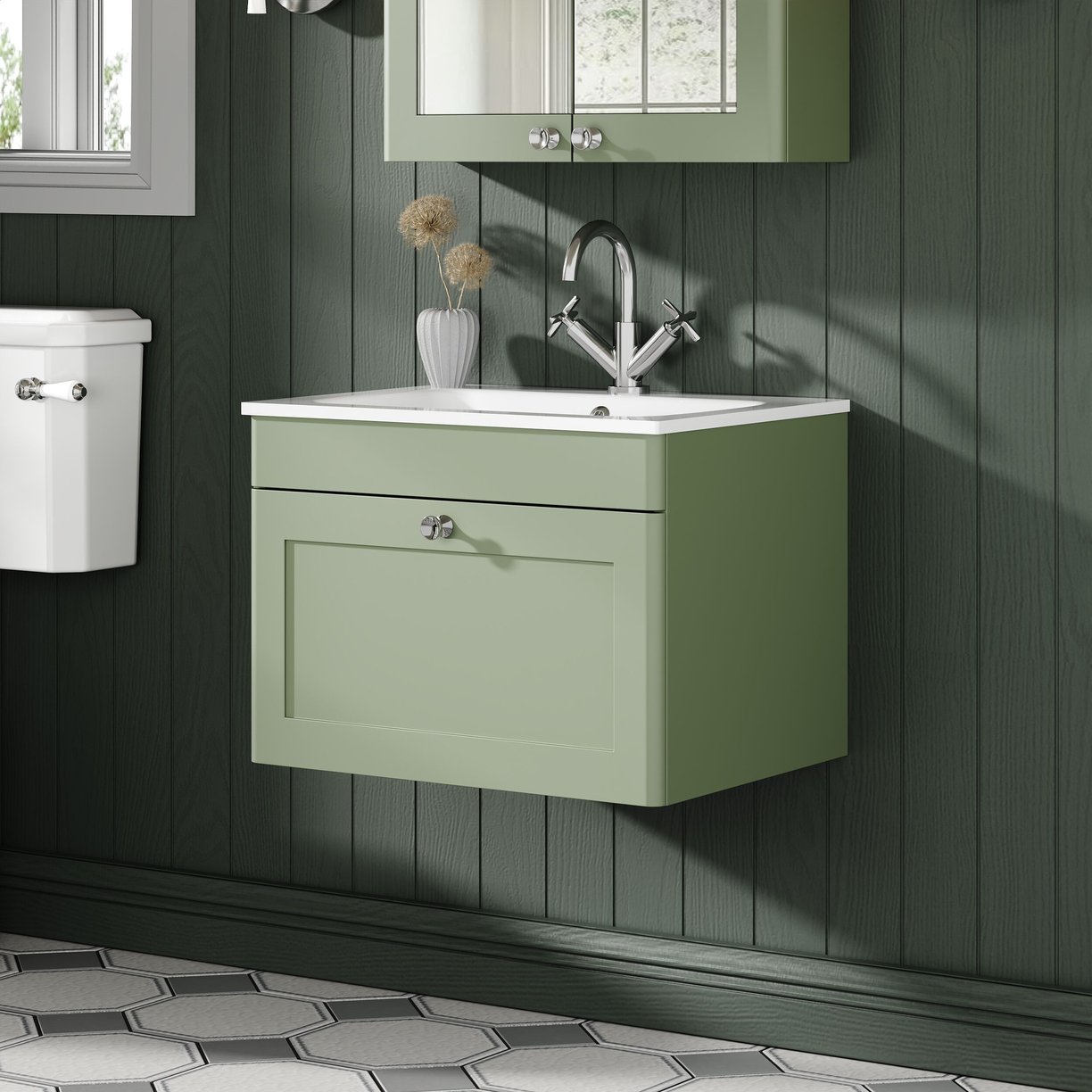 600mm Wall Hung 1-Drawer Unit & Stone Basin 1TH