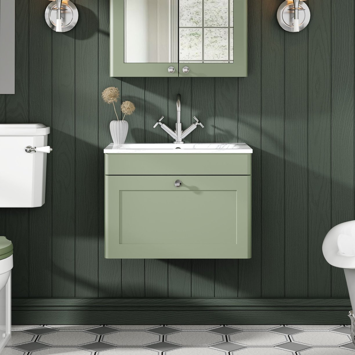 600mm Wall Hung 1-Drawer Unit & Stone Basin 1TH