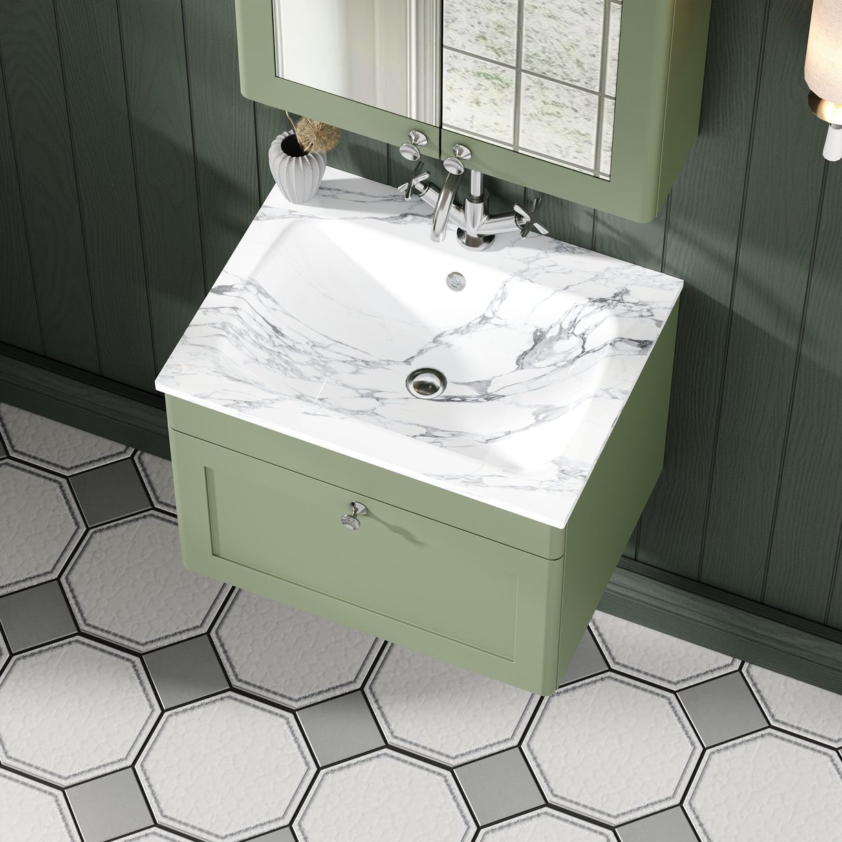 600mm Wall Hung 1-Drawer Unit & Stone Basin 1TH