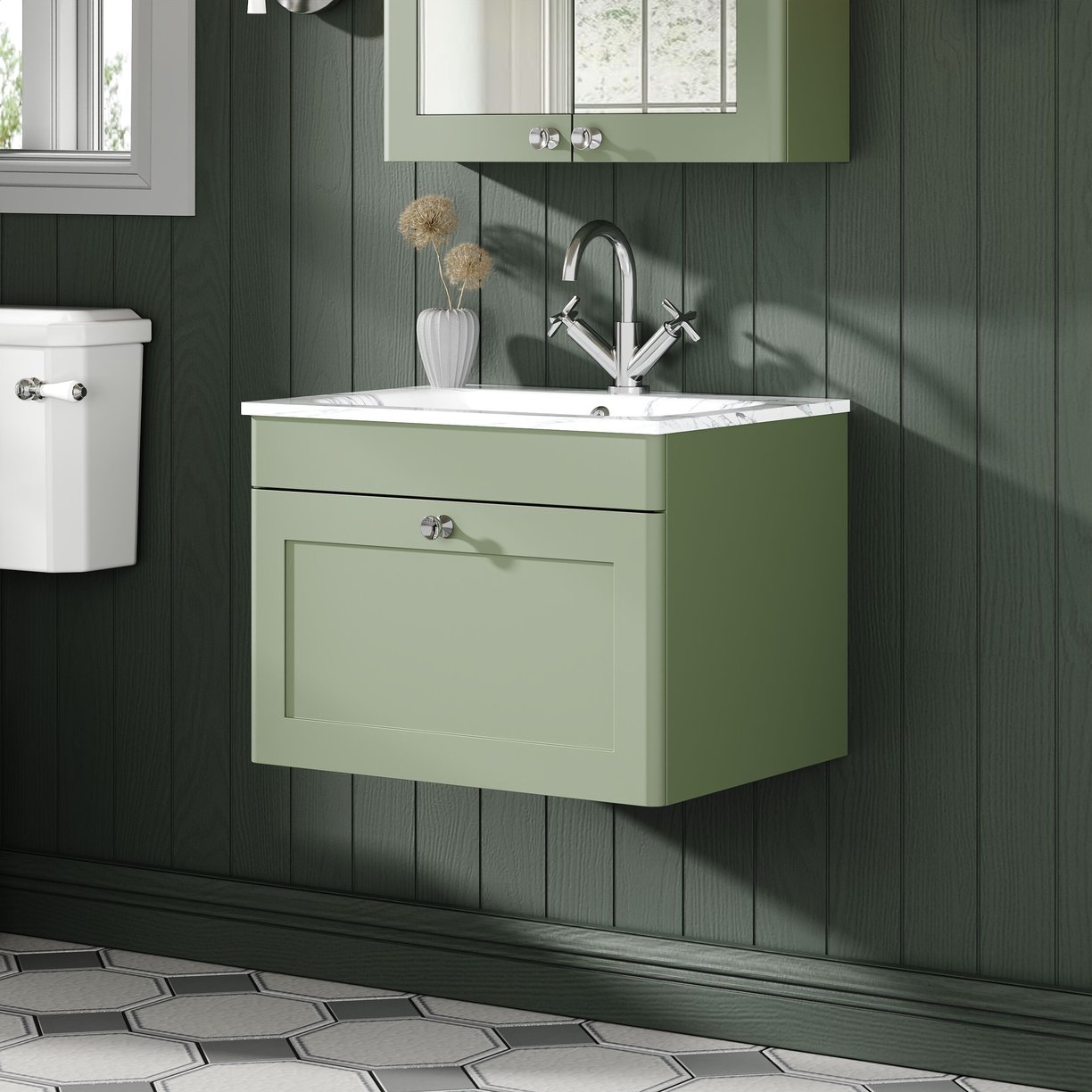 600mm Wall Hung 1-Drawer Unit & Stone Basin 1TH