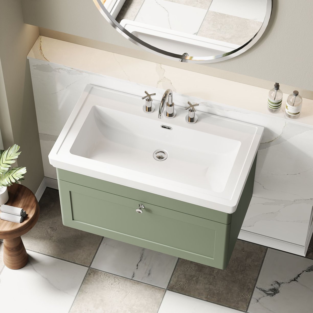800mm W/H 1-Drawer Unit & Basin 3TH - Satin Green
