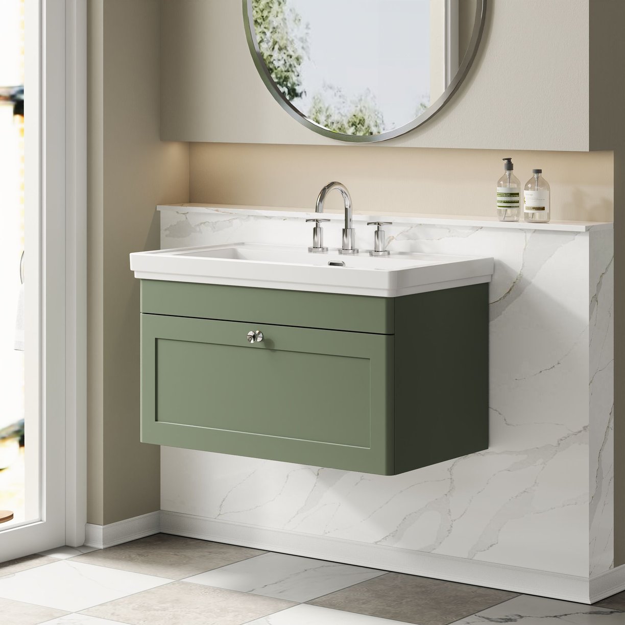 800mm W/H 1-Drawer Unit & Basin 3TH - Satin Green