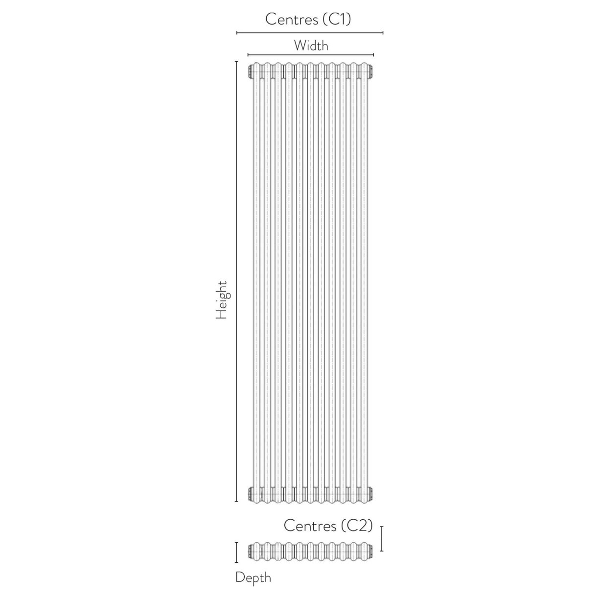 Column Designer Radiator 2 col 1800 x 416mm 9 Sections Raw Metal