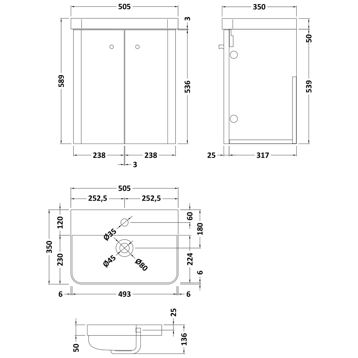 500mm Wall Hung 2-Door Unit & Basin - Gloss White