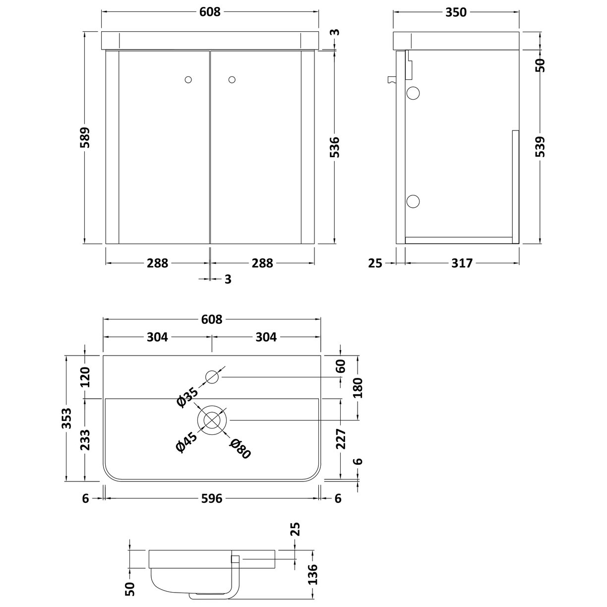 600mm Wall Hung 2-Door Unit & Basin - Gloss White