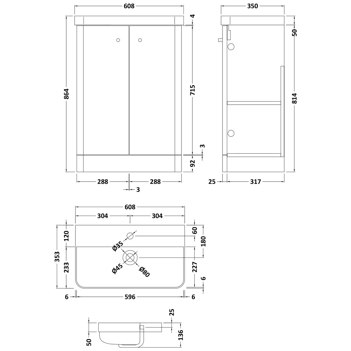 600mm Floor Standing 2-Door Unit & Basin - Gloss White