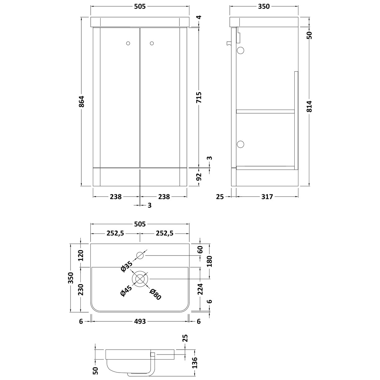 500mm Floor Standing 2-Door Unit & Basin - Satin Green