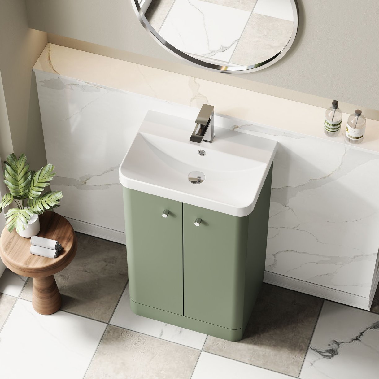 500mm Floor Standing 2-Door Unit & Basin - Satin Green