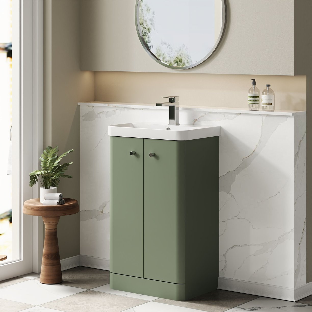 500mm Floor Standing 2-Door Unit & Basin - Satin Green