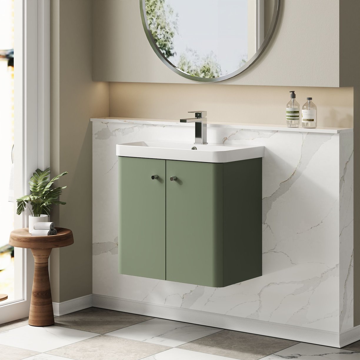 600mm Wall Hung 2-Door Unit & Basin - Satin Green