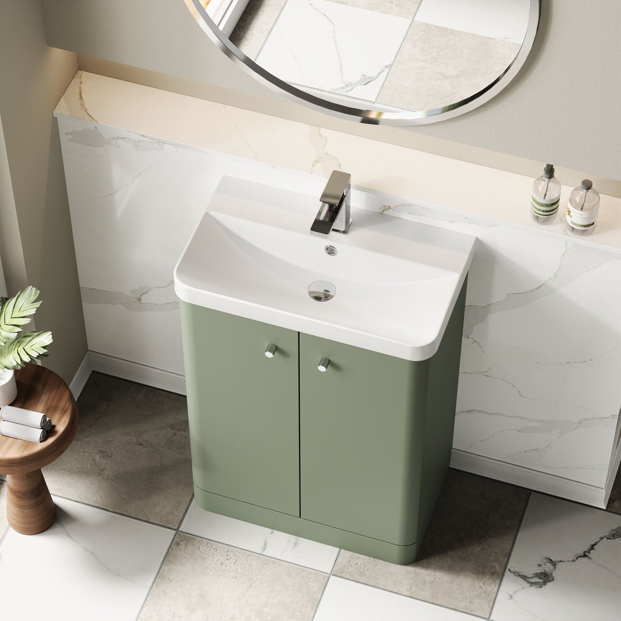 600mm Floor Standing 2-Door Unit & Basin - Satin Green