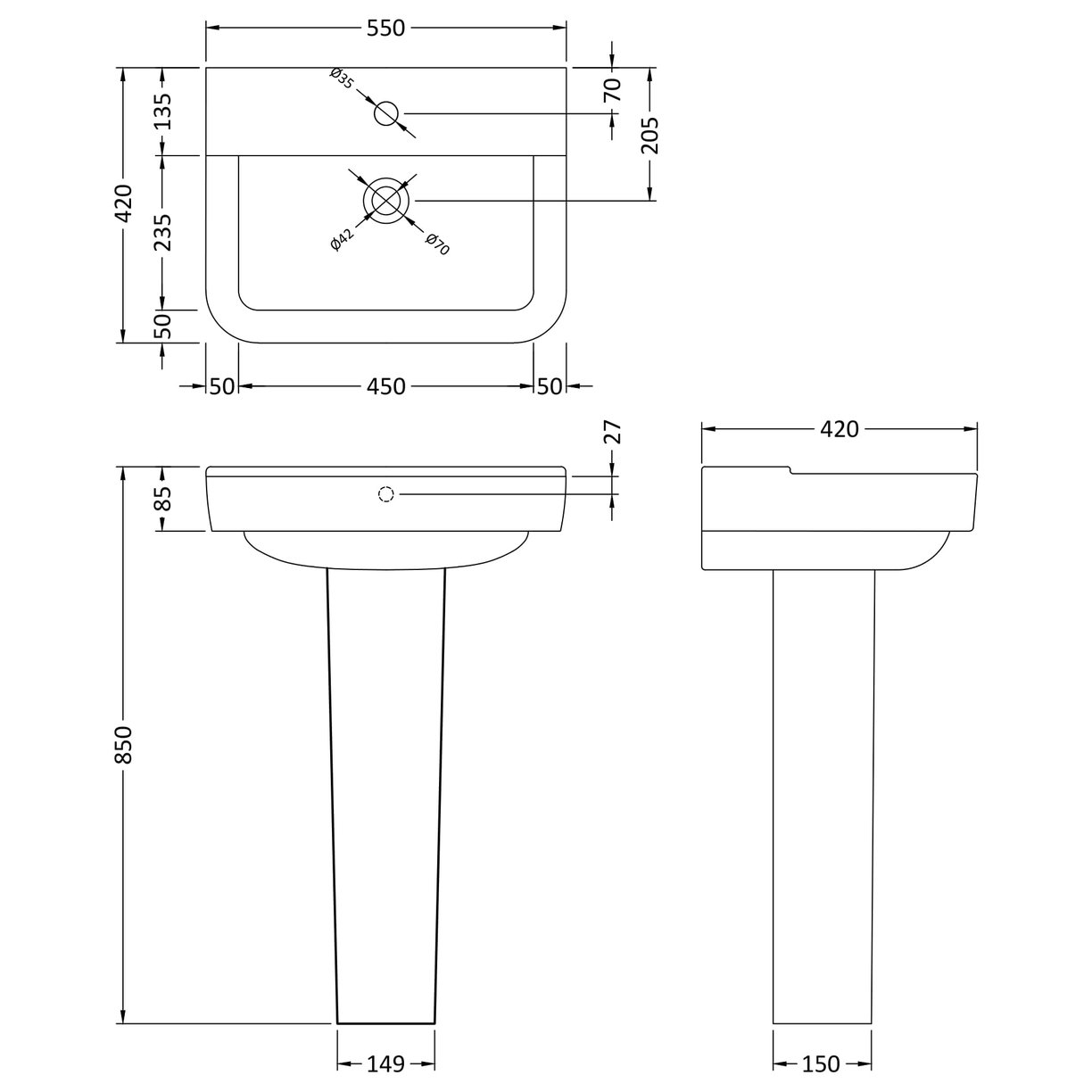 Arlo 550Mm Basin & Pedestal - White