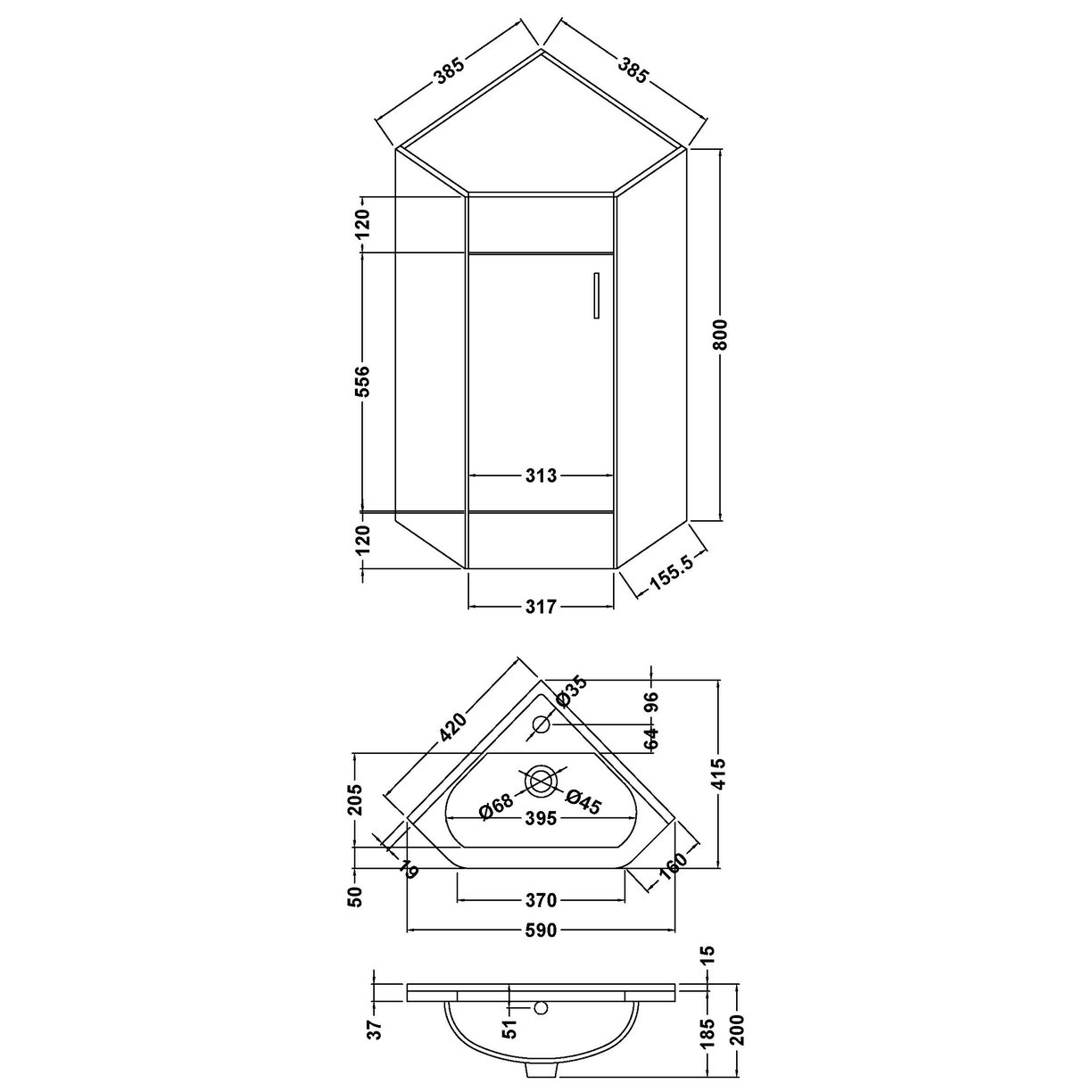 1 Door Corner Cabinet & Basin - Gloss White