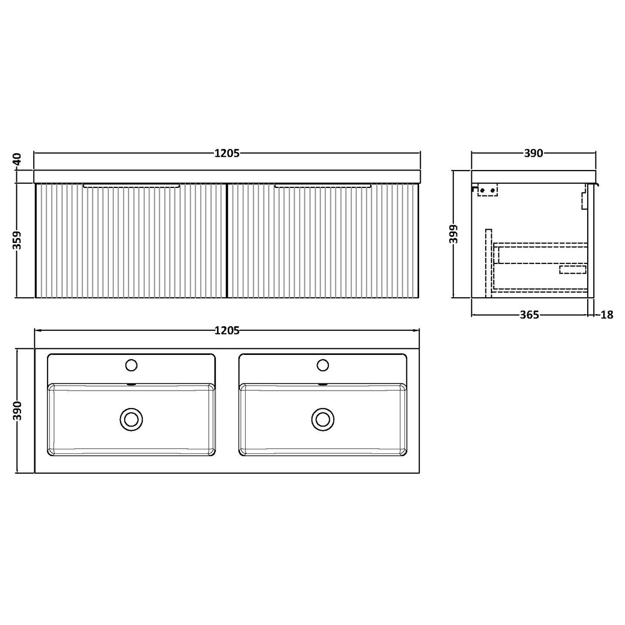 1200 W/H 2-Drawer Vanity & Double Basin - Satin Soft Black