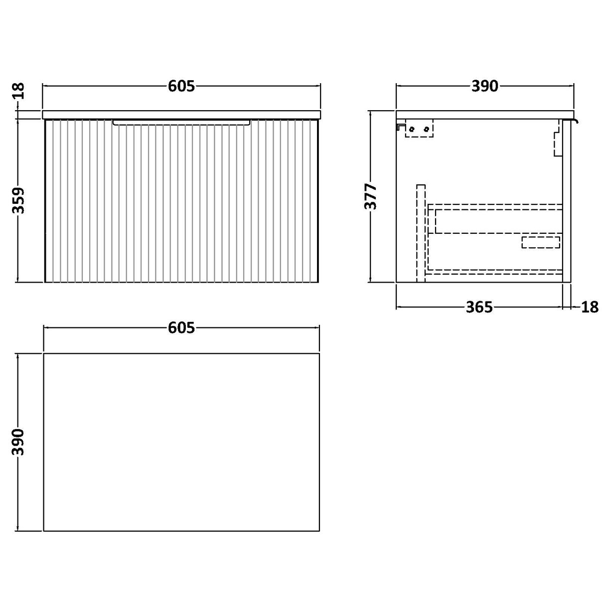 600 W/H Single Drawer Vanity & Worktop - Satin Soft Black