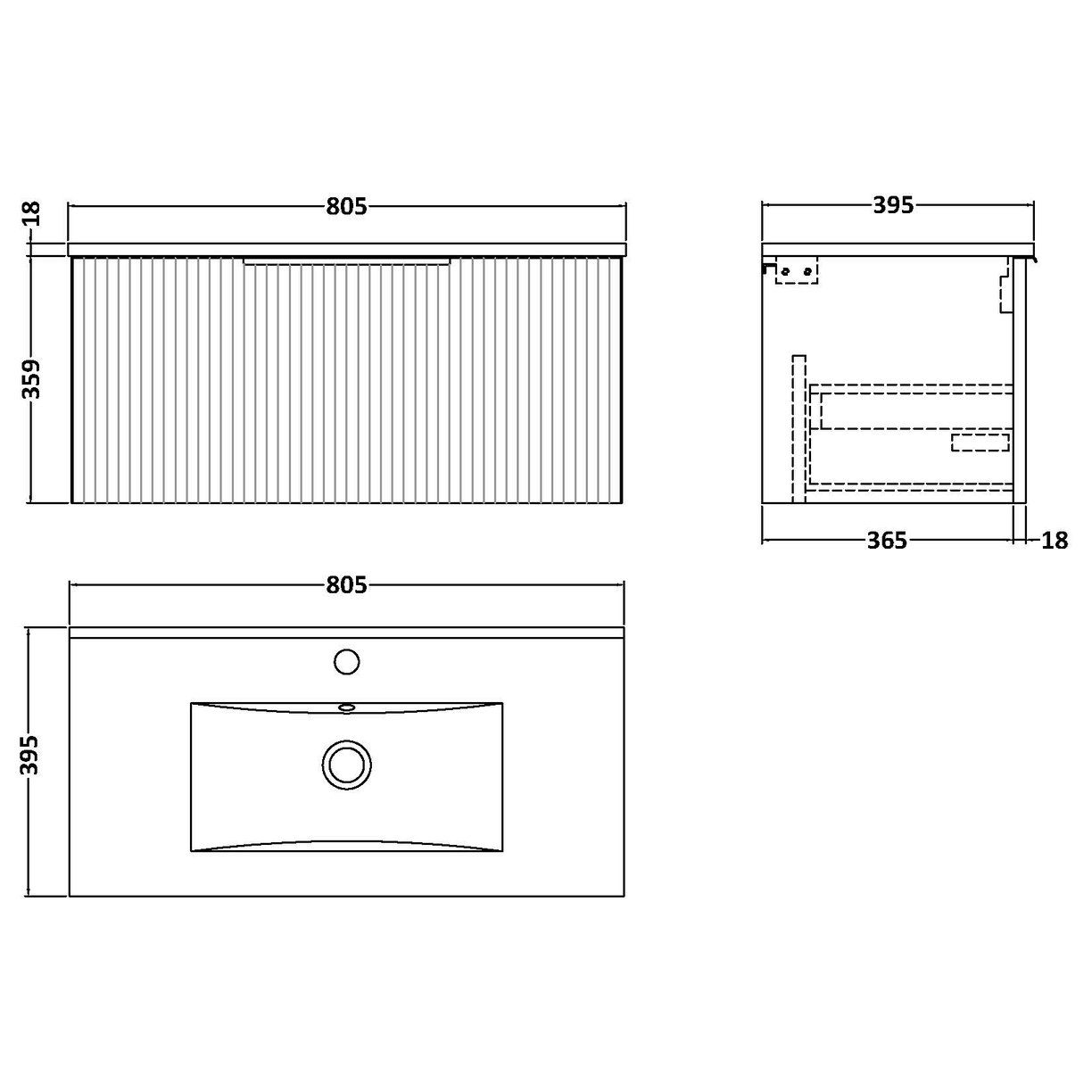 800 W/H Single Drawer Vanity & Basin 2 - Satin Soft Black