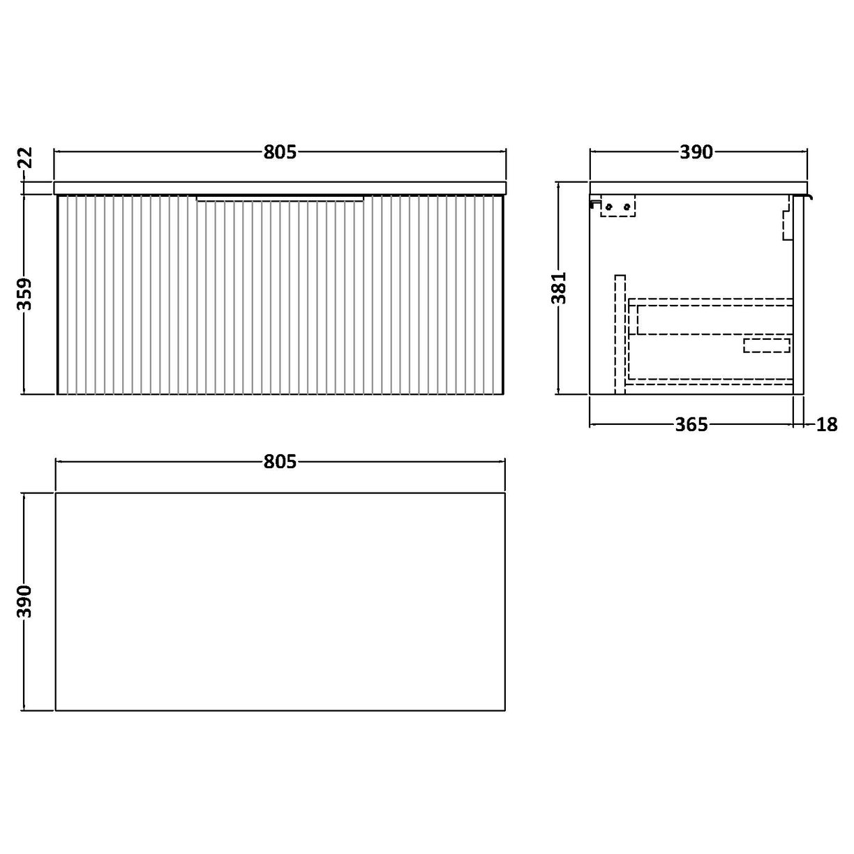 800 W/H Single Drawer Vanity & Laminate - Satin Soft Black