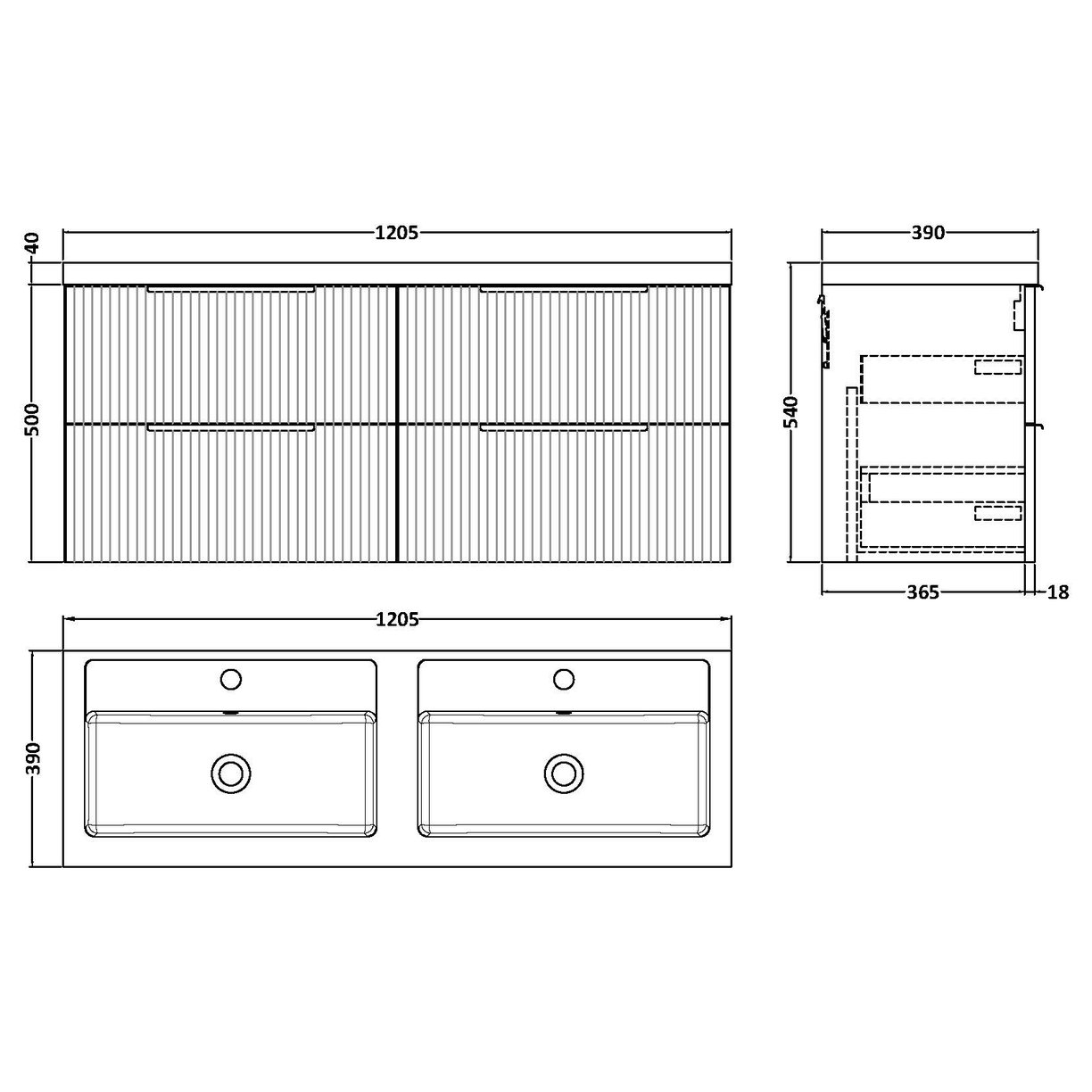 1200 W/H 4-Drawer Vanity & Double Basin - Satin White