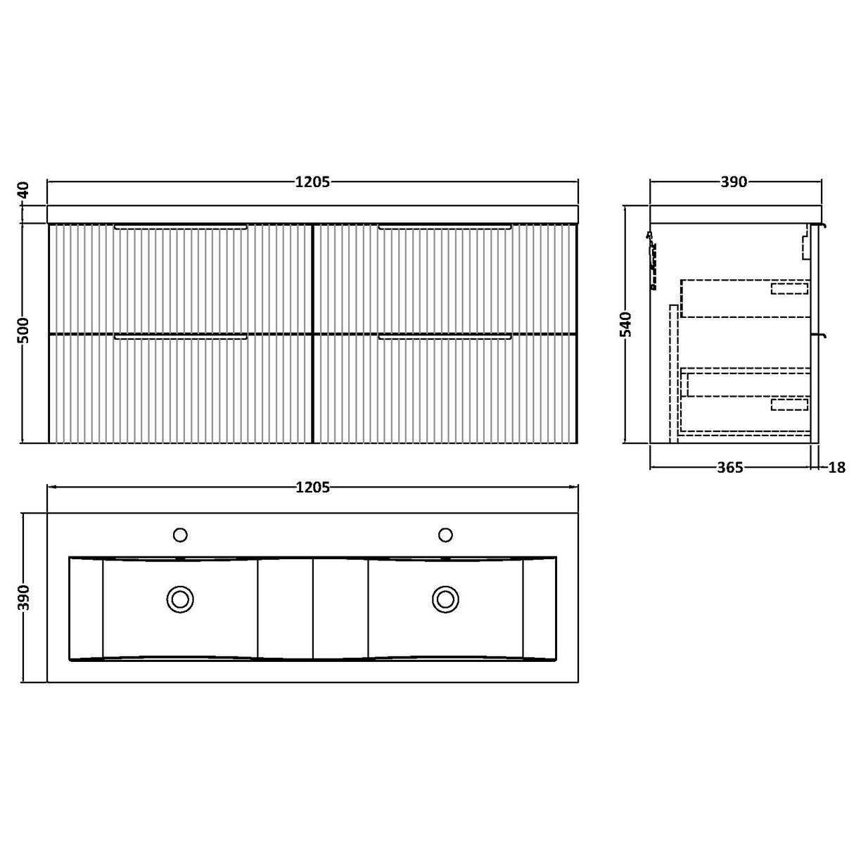 1200 W/H 4-Drawer Vanity & Double Basin - Satin Grey