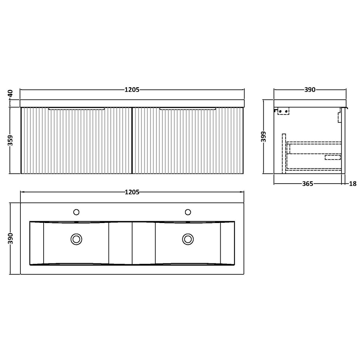 1200 W/H 2-Drawer Vanity & Double Basin - Satin Grey