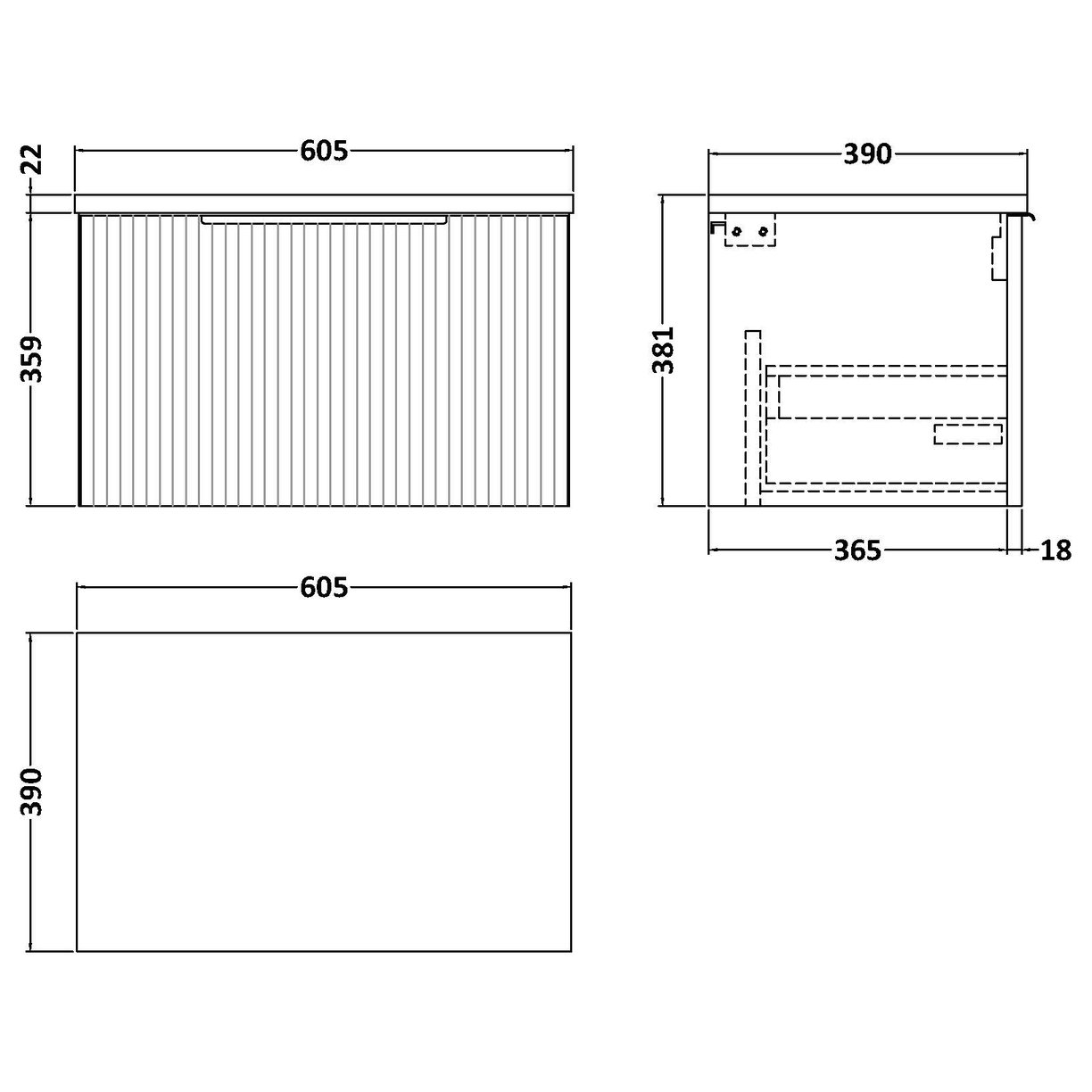 600 W/H Single Drawer Vanity & Laminate - Satin Grey