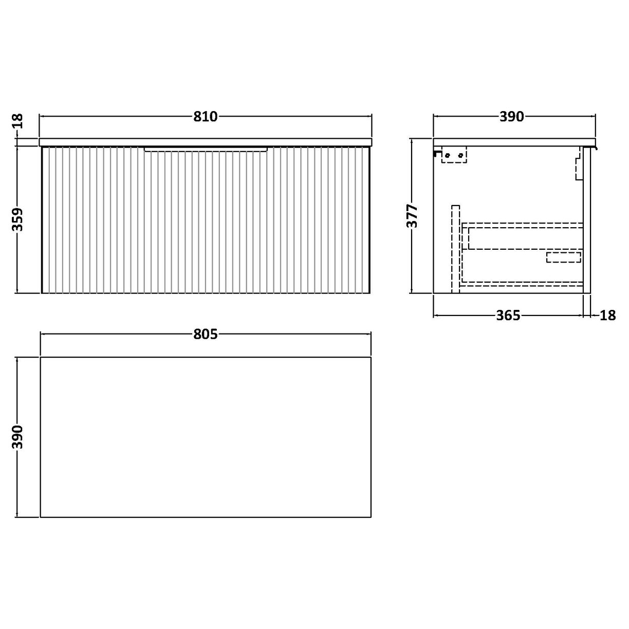 800 W/H Single Drawer Vanity & Worktop - Satin Grey