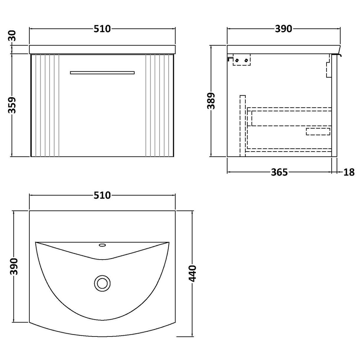 500mm W/H Single Drawer Vanity & Basin 4 - Satin Soft Black