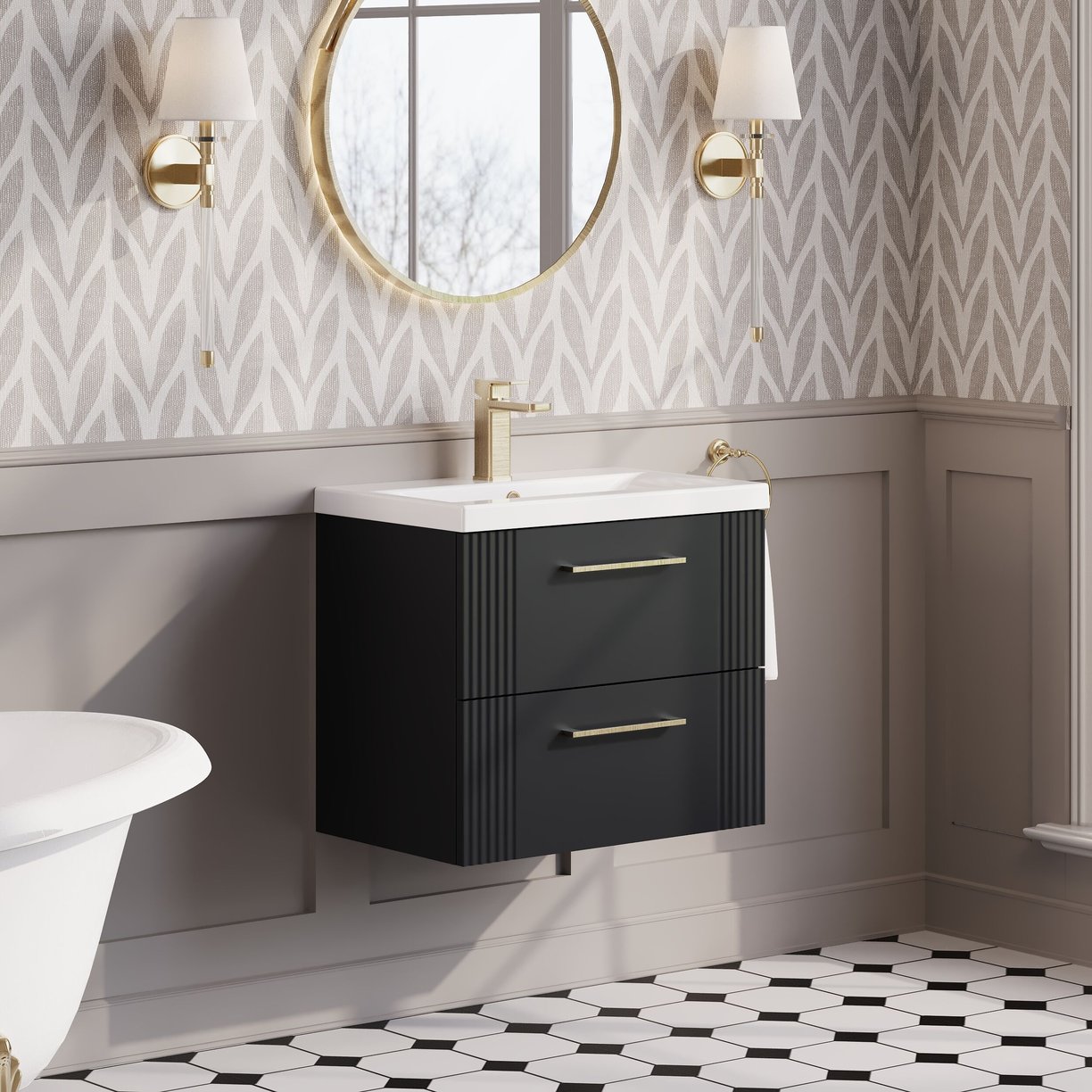 600mm W/H 2-Drawer Vanity & Basin 1 - Satin Soft Black