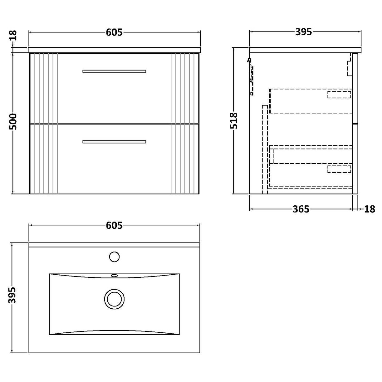 600 W/H 2-Drawer Vanity & Basin 2