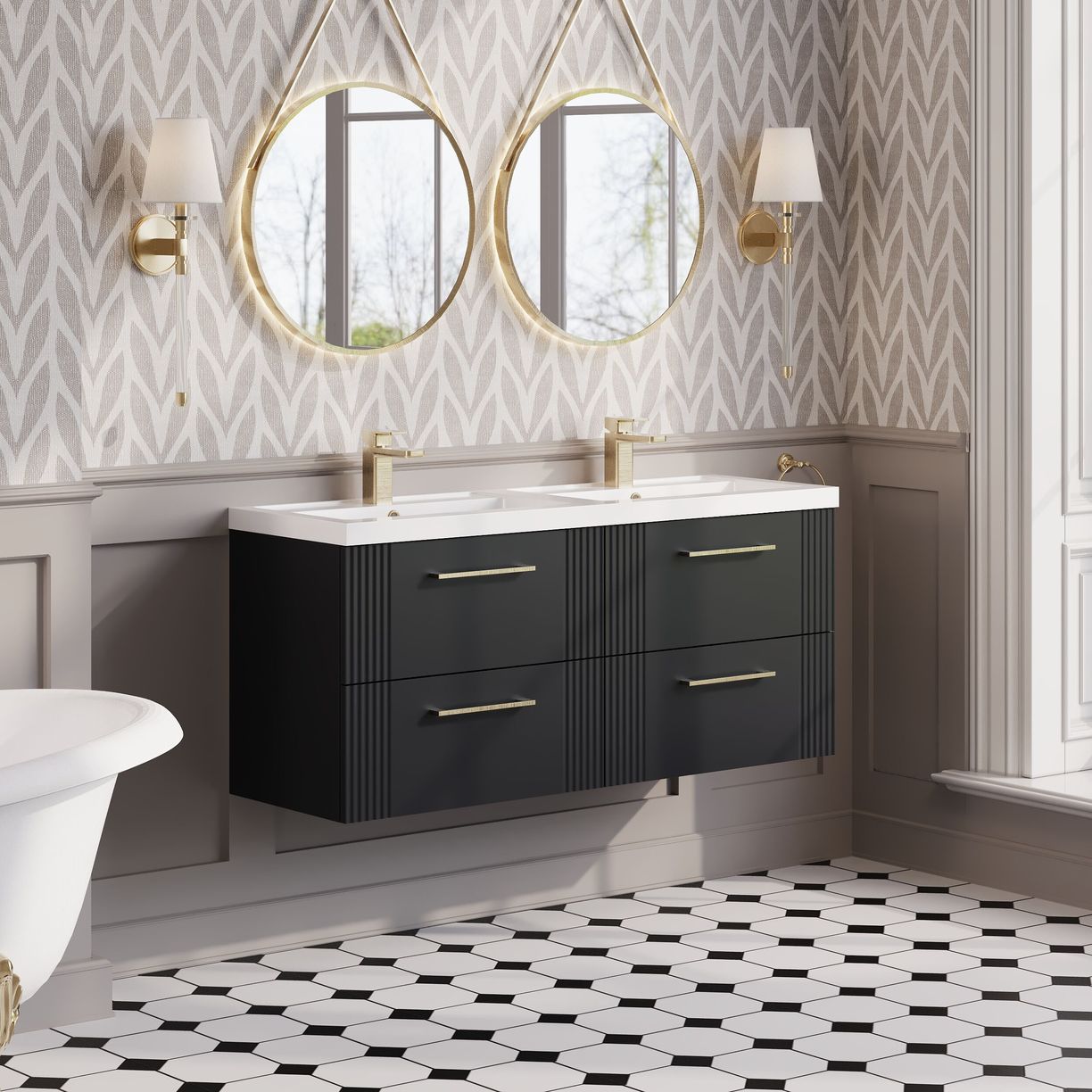 1200mm W/H 4-Drawer Vanity & Double Basin - Satin Soft Black