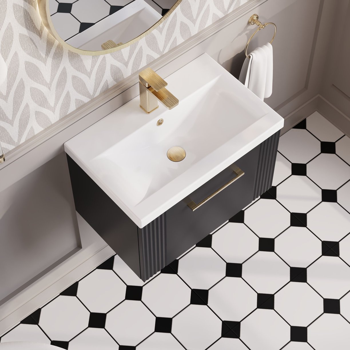 600mm W/H Single Drawer Vanity & Basin 1 - Satin Soft Black