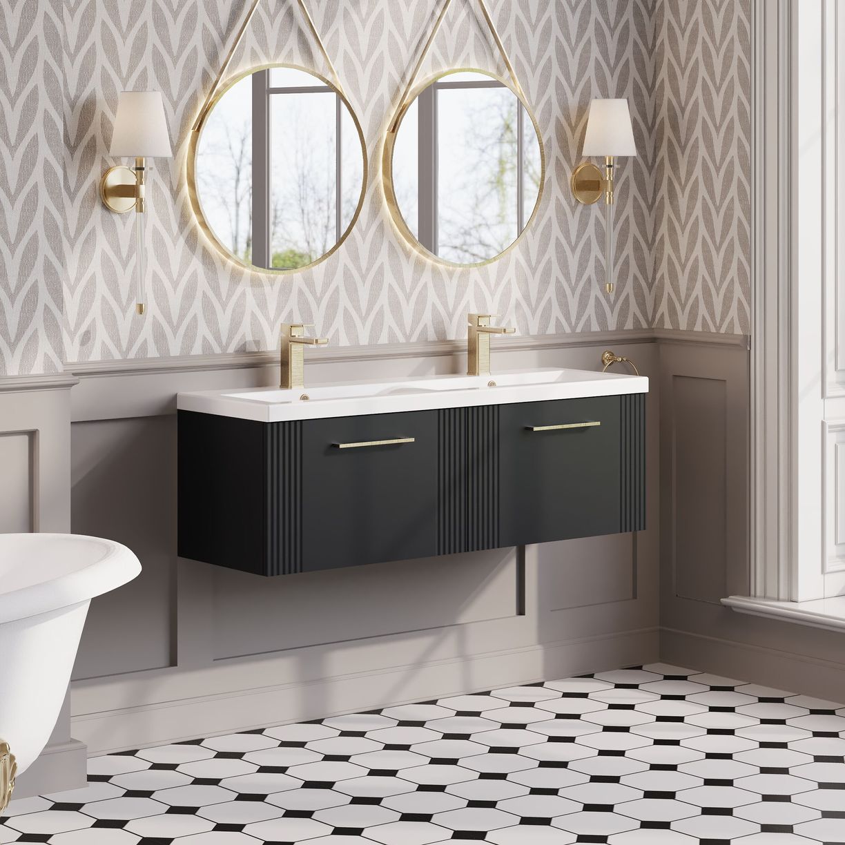 1200mm W/H 2-Drawer Vanity & Double Basin - Satin Soft Black