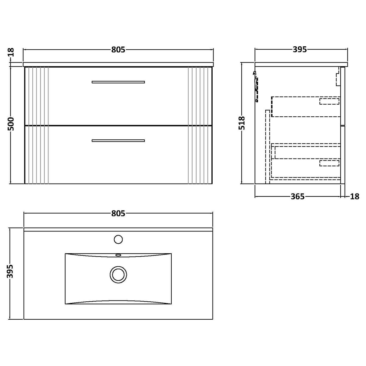 800mm W/H 2-Drawer Vanity & Basin 2 - Satin Soft Black