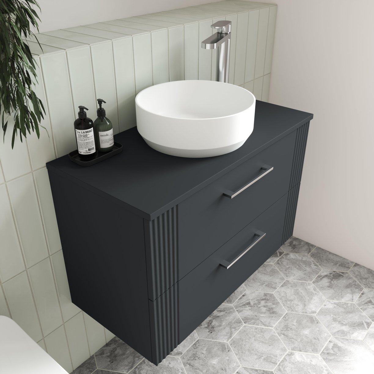 800mm W/H 2-Drawer Vanity & Worktop - Satin Soft Black