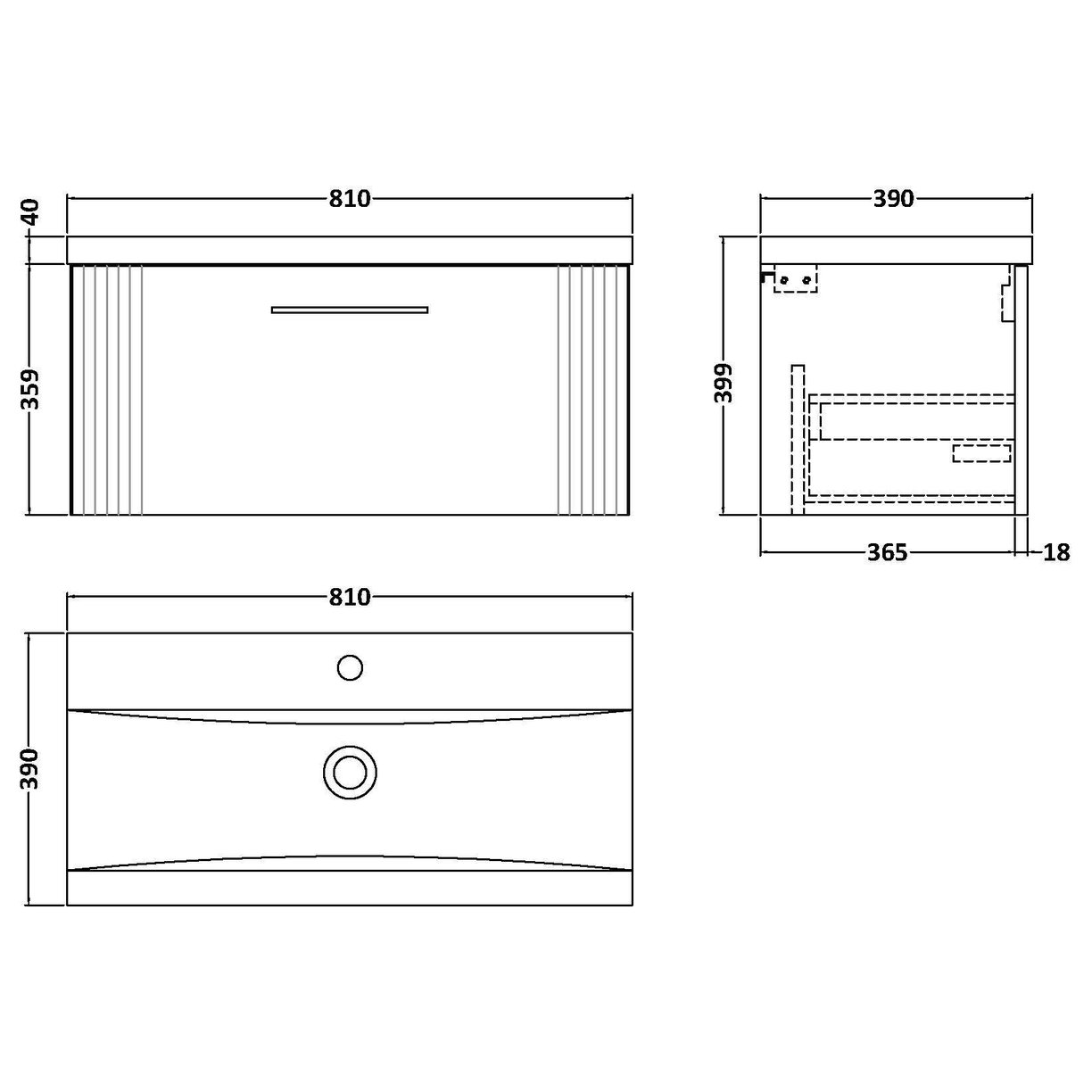 800mm W/H Single Drawer Vanity & Basin 1 - Satin Soft Black