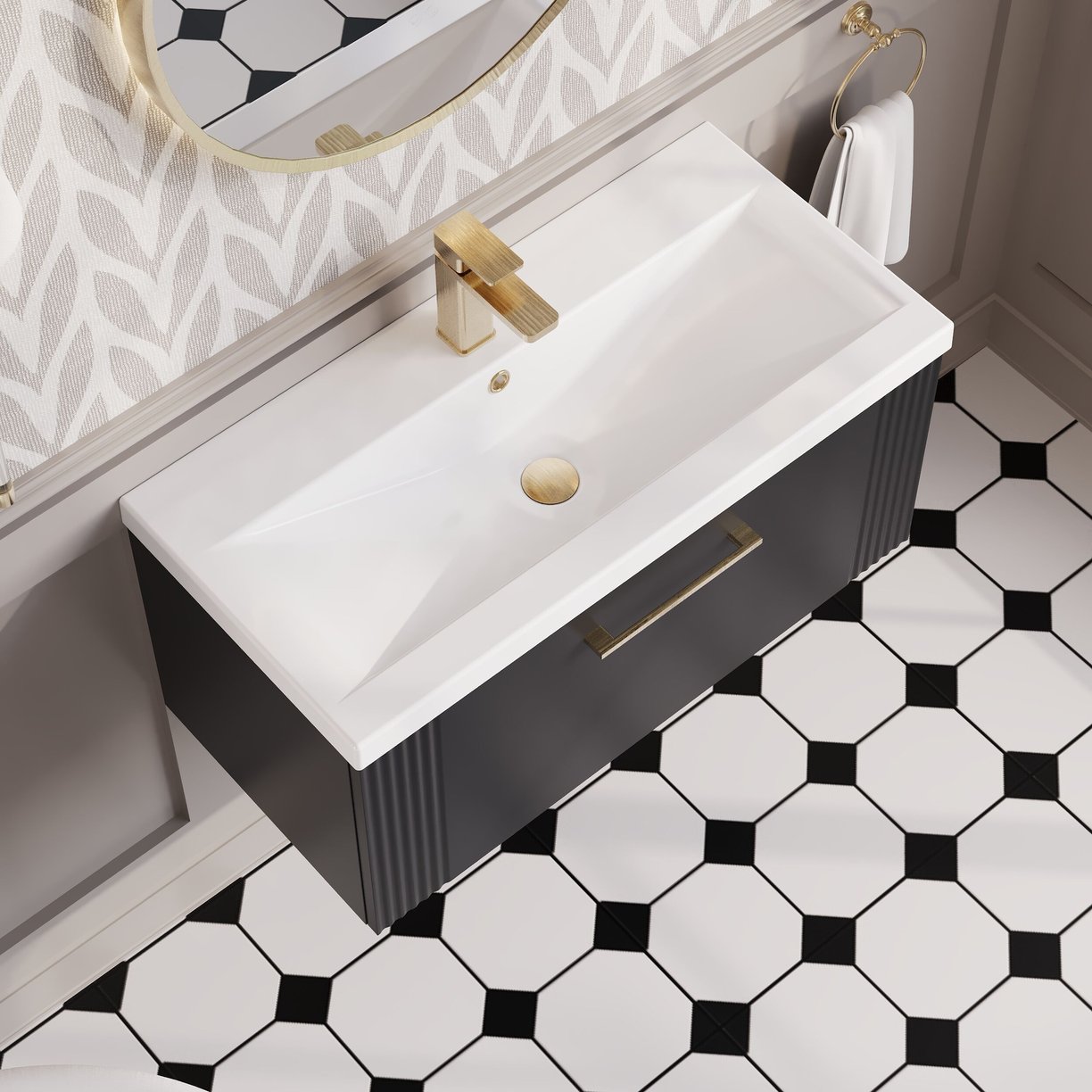 800mm W/H Single Drawer Vanity & Basin 1 - Satin Soft Black