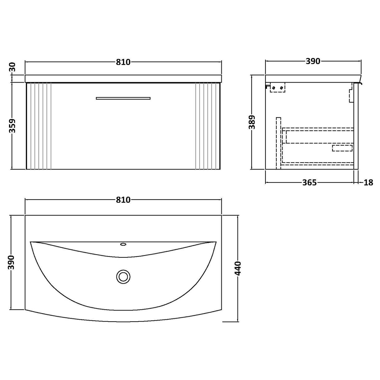 800mm W/H Single Drawer Vanity & Basin 4 - Satin Soft Black