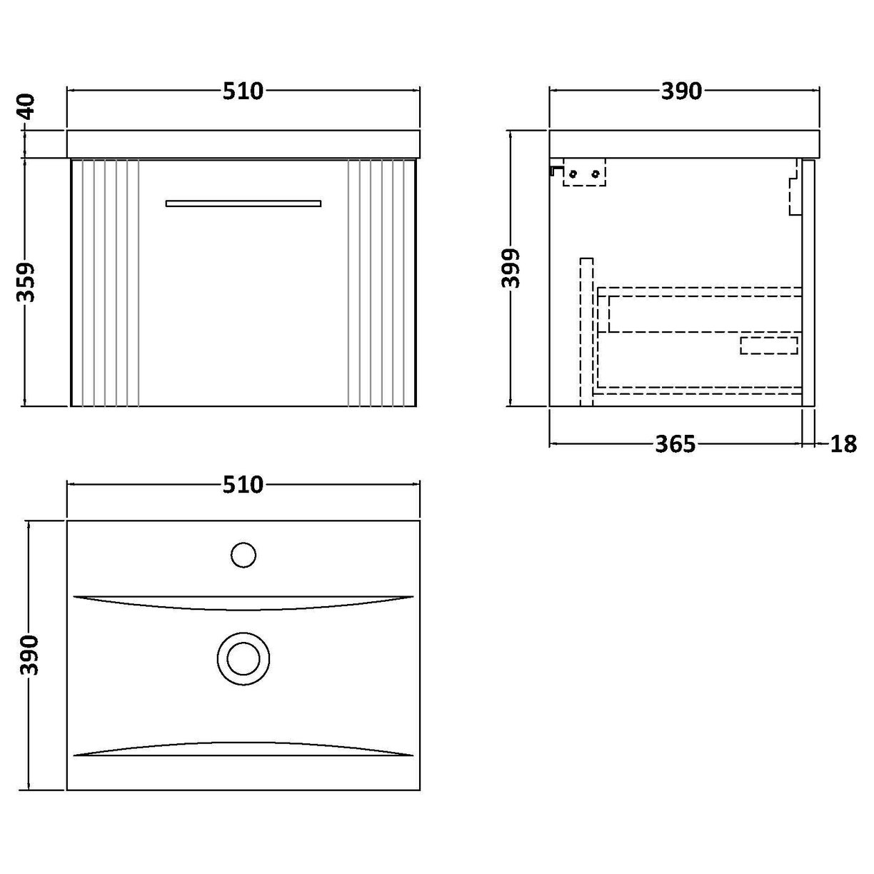 500mm W/H Single Drawer Vanity & Basin 1 - Satin White