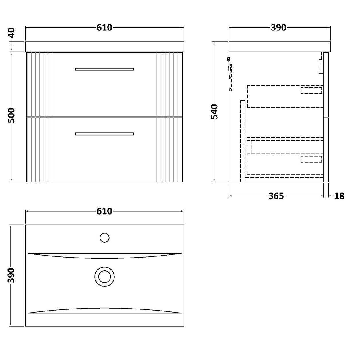 600mm W/H 2-Drawer Vanity & Basin 1 - Satin White