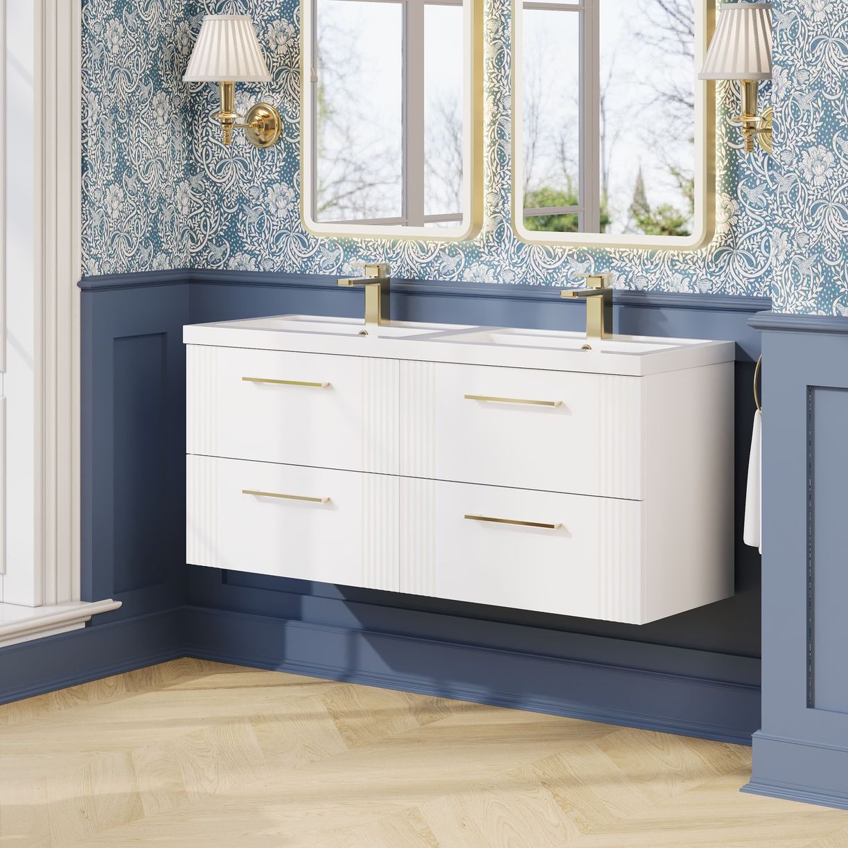 1200mm W/H 4-Drawer Vanity & Double Basin - Satin White