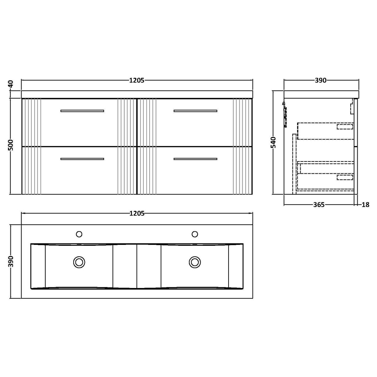 1200mm W/H 4-Drawer Vanity & Double Basin - Satin White